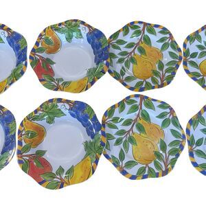 8 Trudeau Melamine Bowls & Plates With Fruit Dee Perry Design Scallop Rimmed EUC